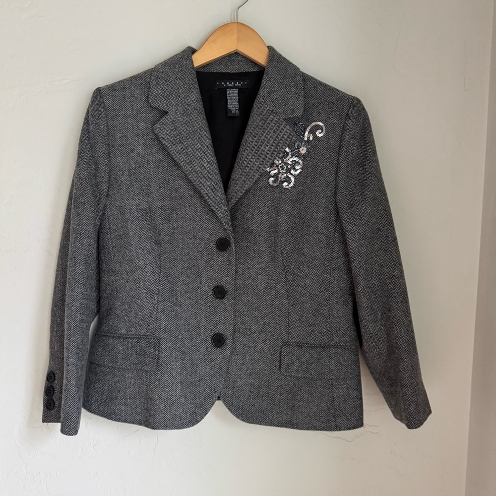 Laundry By Shelli Segal 2pc Wool Skirt Suit Herringboned Flower Embroidery - Picture 16 of 16